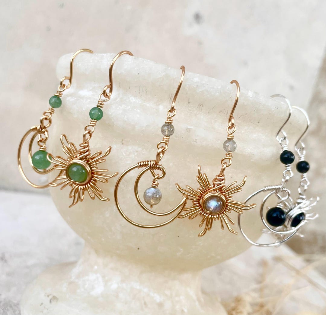 Kristall Sonne und Mond Ohrringe, baumeln Ohrringe, Wire Wrap Kristallohrringe