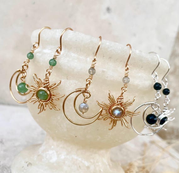 Crystal Sun and Moon Earrings, Dangle Earrings, Wire Wrap Crystal Earrings