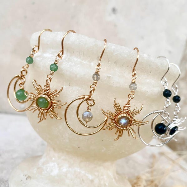Crystal Sun and Moon Earrings, Dangle Earrings, Wire Wrap Crystal Earrings