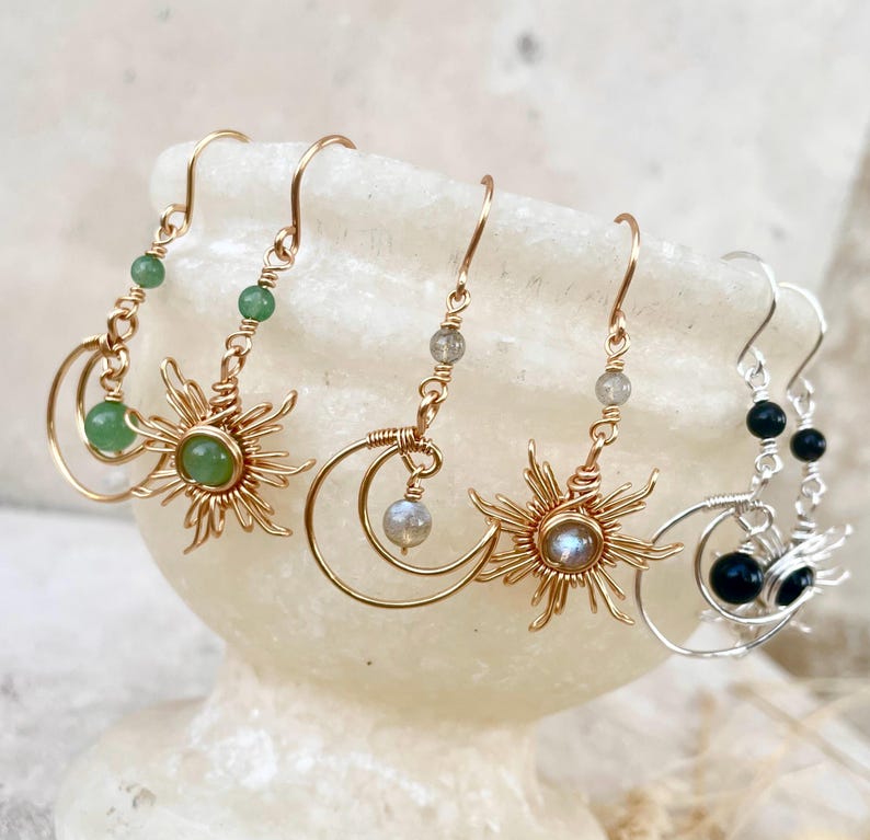 Crystal Sun and Moon Earrings, Dangle Earrings, Wire Wrap Crystal Earrings image 1