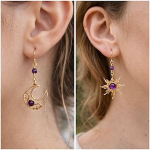 Hemelse oorbellen, niet-overeenkomende kristallen oorbellen, zon en maan draadgewikkelde kristallen sieraden cadeau voor haar