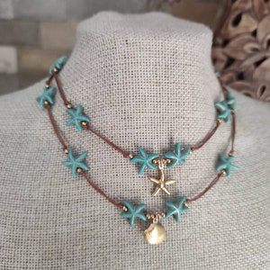 Turquoise Sea Star Shell Choker, Beaded Choker, Beach Necklace with Charm ,Boho Necklace image 2