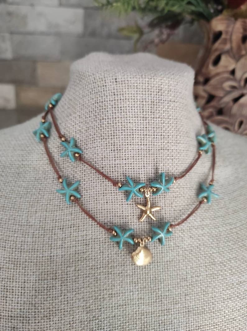 Turquoise Sea Star Shell Choker, Beaded Choker, Beach Necklace with Charm ,Boho Necklace image 2