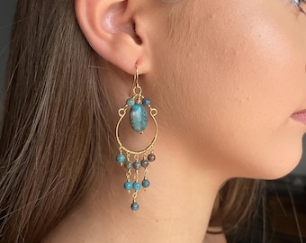 Orecchini pendenti lunghi, orecchini grandi in stile boho, orecchini con cristalli avvolti in filo metallico, orecchini ipoallergenici