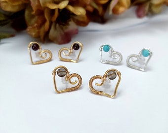 Heart Stud Earrings, Wire Wrap Crystal Earrings, Crystal Stud Earrings, Dainty Jewelry, Gift for Her, Gift for Friends