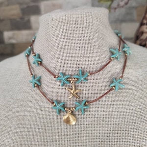 Turquoise Sea Star Shell Choker, Beaded Choker, Beach Necklace with Charm ,Boho Necklace image 1