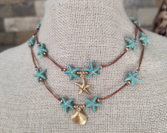 Turquoise Sea Star Shell Choker, Beaded Choker, Beach Necklace with Charm ,Boho Necklace