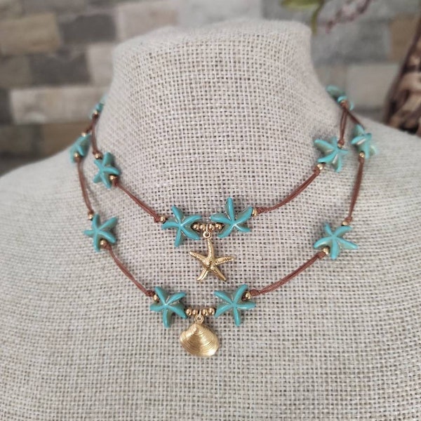 Turquoise Sea Star Shell Choker, Beaded Choker, Beach Necklace with Charm ,Boho Necklace