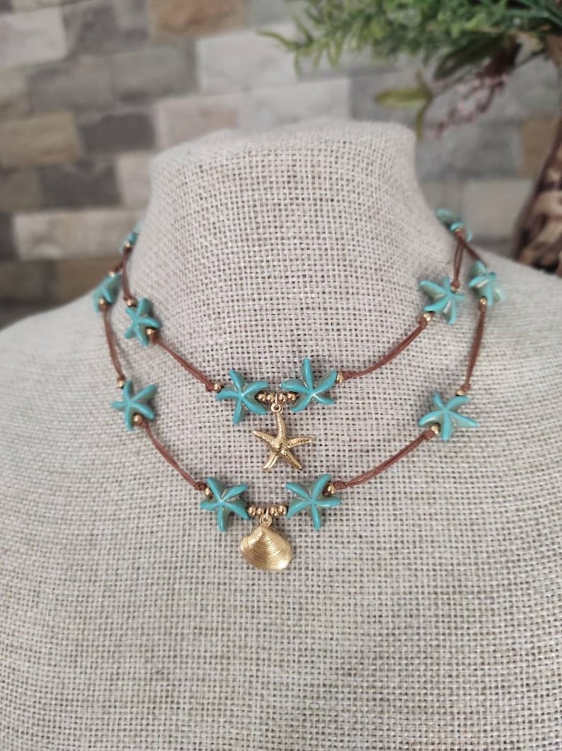 Turquoise Sea Star Shell Choker, Beaded Choker, Beach Necklace with Charm ,Boho Necklace image 1