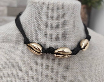 Gold Shell  Necklace, Multi Black Cord Necklace, Cowrie Shell Choker ,Boho Necklace