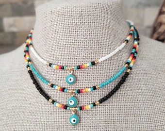 Evil Eye Beaded Choker, Serape Choker, Beach Choker, Surfer Beaded Choker, Beaded Necklace, Hippie Jewelry