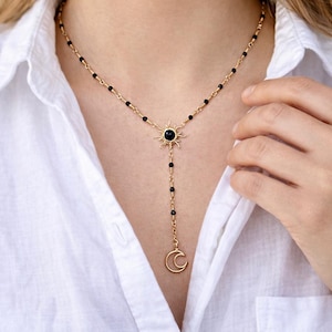 Kristall Kette Sonne und Mond Halskette, Gold oder Silber Draht gewickelt Kristall Schmuck