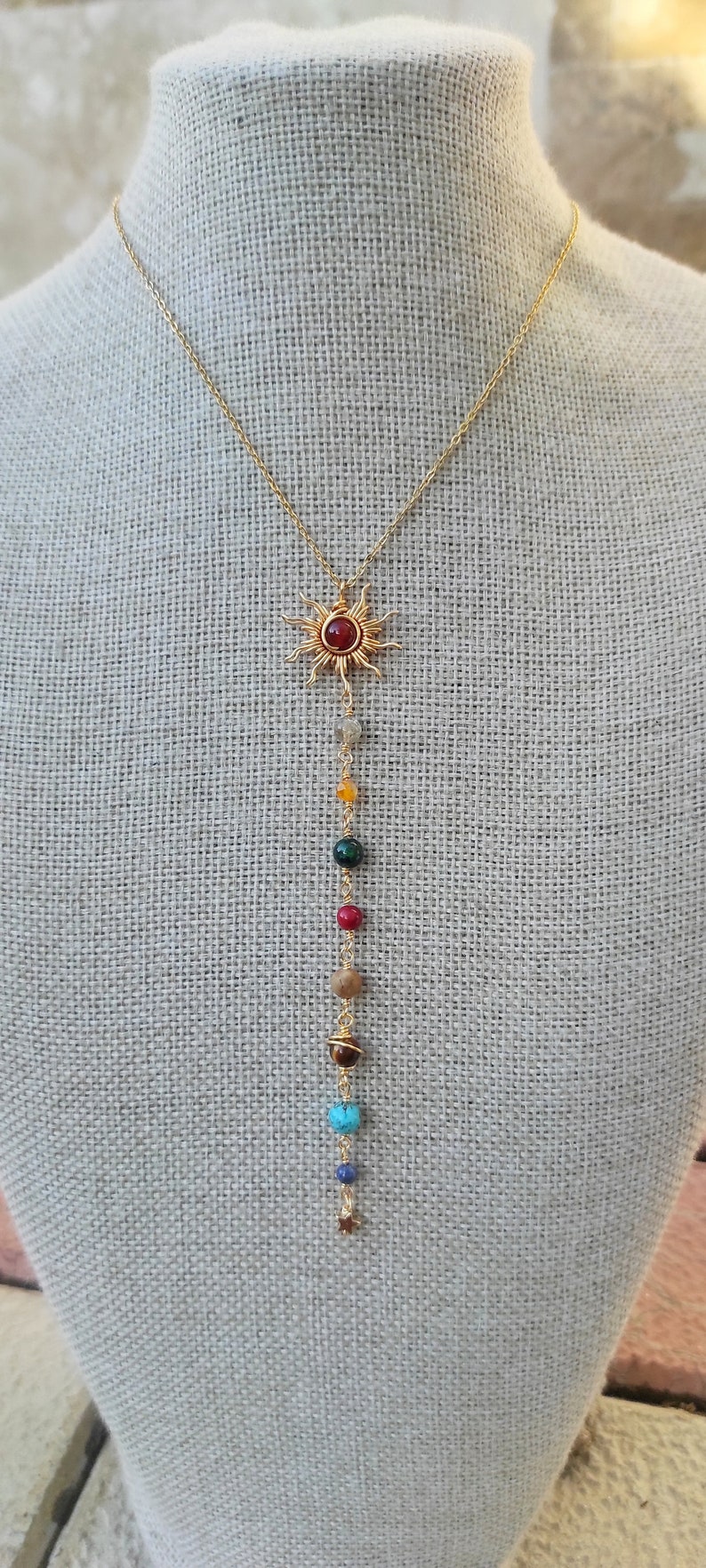 Zonnestelsel ketting, Y ketting, Wire Wrapped Crystal ketting, gouden roestvrijstalen ketting, lange ketting afbeelding 6