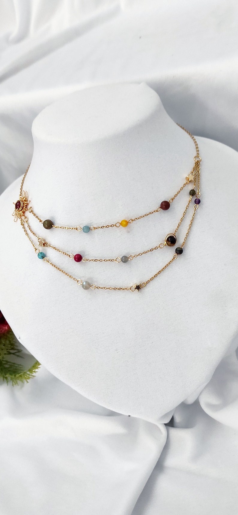 Sun Necklace, Crystal Necklace,Gold Stainless Steel Layered Necklace, Multi Chain Necklace image 3