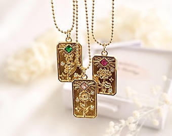 Collana con fiore del mese di nascita, collana personalizzata con pietra portafortuna, ciondolo floreale in oro, gioielli con fiore di nascita, regalo di compleanno per lei