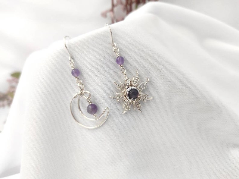 Crystal Sun and Moon Earrings, Dangle Earrings, Wire Wrap Crystal Earrings image 9