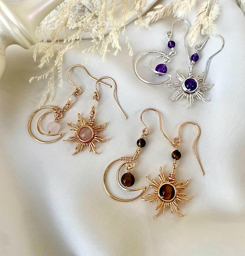 Crystal Sun and Moon Earrings, Dangle Earrings, Wire Wrap Crystal Earrings image 15