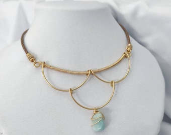 Wire Wrapped Amazonite Necklace, Gemstone Necklace, Gold Plated Necklace, Beige Leather Necklace