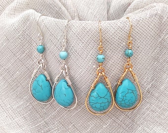 Turquoise Teardrop Dangle Earrings, Gold and Silver Wire Wrap Crystal Earrings, Hypoallergenic Earrings