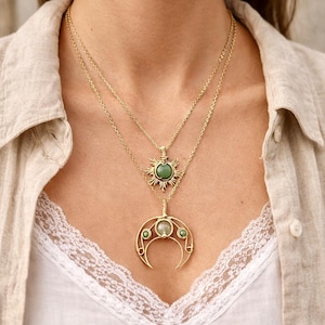 Collana a doppio strato con sole e luna, gioielli in cristallo oro o argento, regalo boho per lei