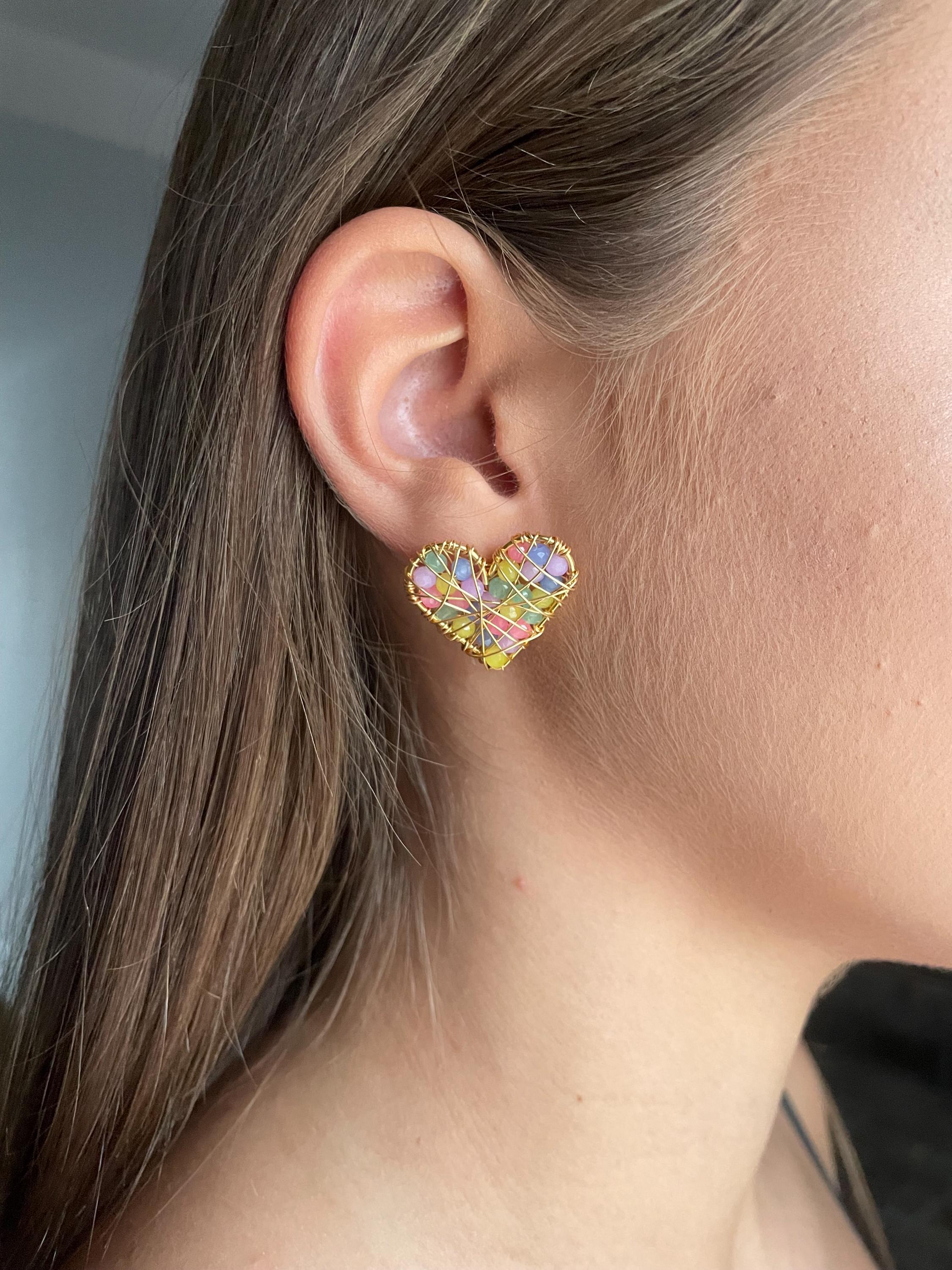 Large Stud Earrings,Heart Gold Stud Earrings, Glass Crystal Earrings, Colorfull Stud Earrings, Hypoallergenic Earrings