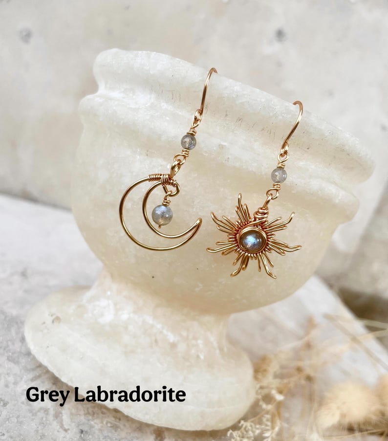 Crystal Sun and Moon Earrings, Dangle Earrings, Wire Wrap Crystal Earrings image 6