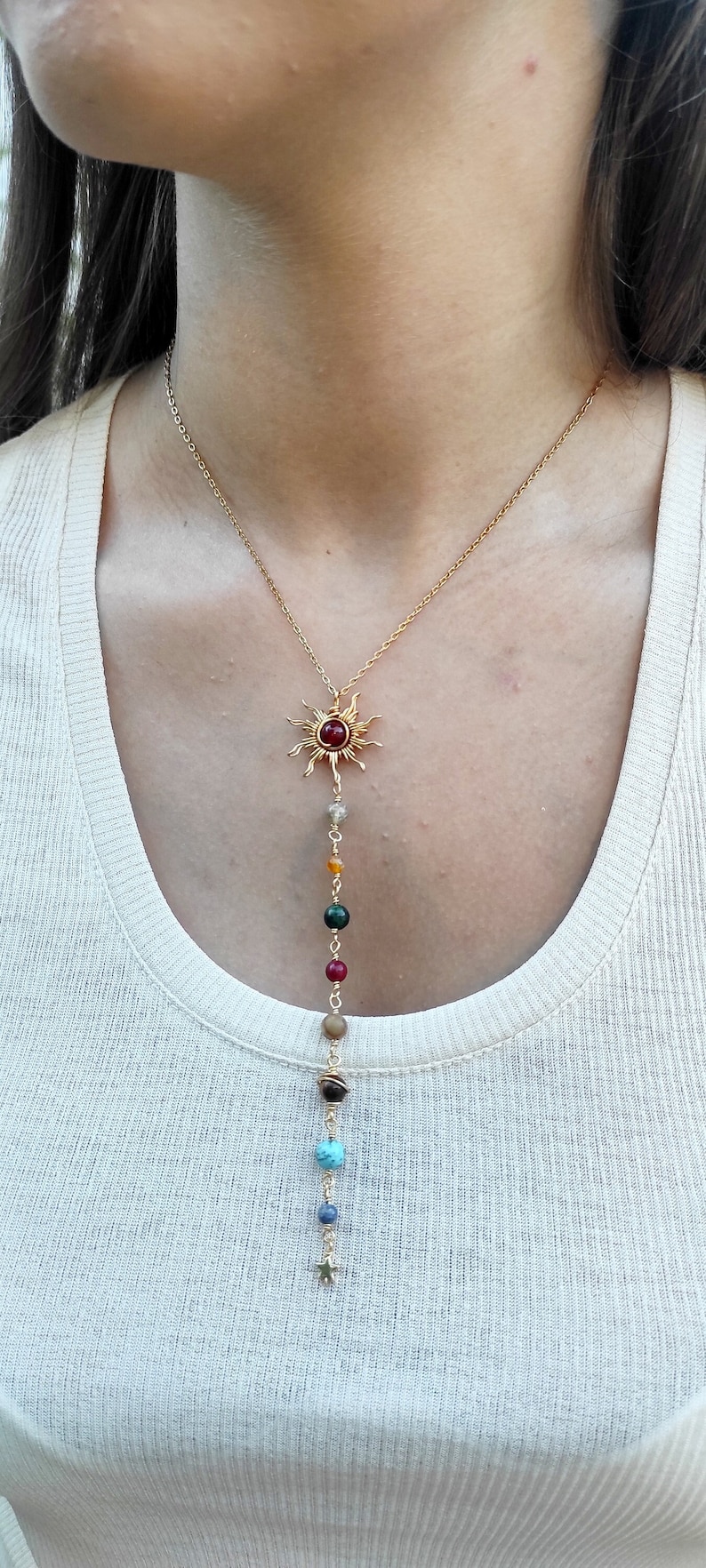 Solar System Necklace, Y Necklace ,Wire Wrapped Crystal Necklace, Gold Stainless Steel Necklace, Long Necklace image 1