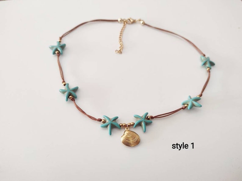 Turquoise Sea Star Shell Choker, Beaded Choker, Beach Necklace with Charm ,Boho Necklace image 3