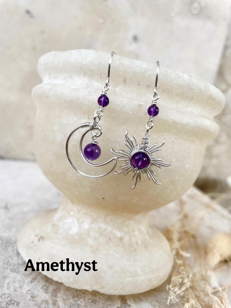 Crystal Sun and Moon Earrings, Dangle Earrings, Wire Wrap Crystal Earrings image 11