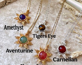 Sun Necklace, Wire Wrapped Crystal Necklace, Gold Stainless Steel Necklace, Black Cord Necklace