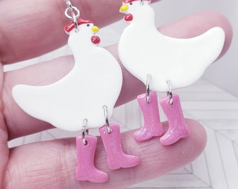 Mini Chickens in Rain Boots, Dangle Earrings, Chicken Earrings