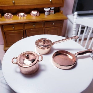 5 Piece Miniature Copper Pots and Pan with lids Set, Dollhouse Miniature, Dollhouse Kitchen Accessories, 1:12 Scale