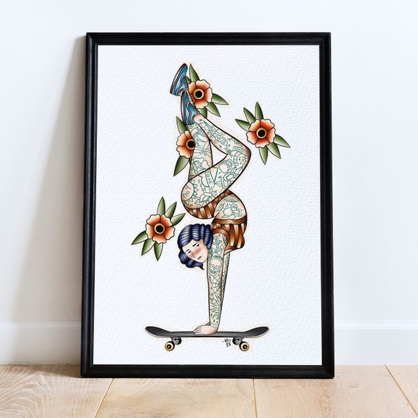 Skateboarding Girl Traditional Tattoo Flash Print Tattooed Lady Old School Wall Illustration Art A5 A4 Size