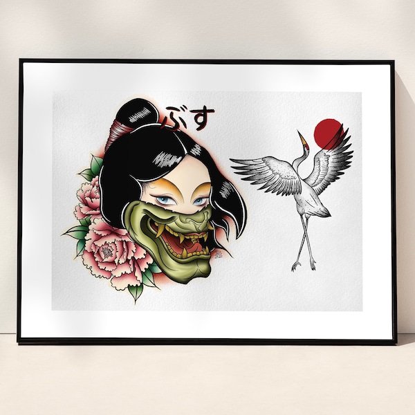 Japanese Traditional Tattoo Flash Print Asian Lady Face Hannya Mask Red Crowned Crane Old School Wall Art A4 Size