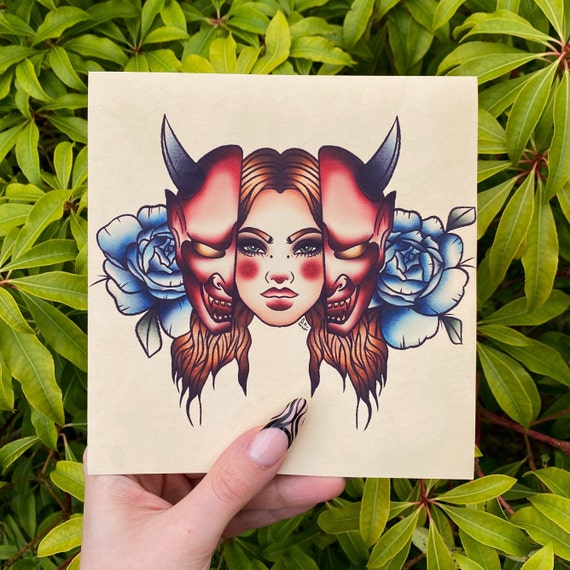 Traditional Flash Tattoo Print Japanese Hannya Oni Mask Lady Etsy
