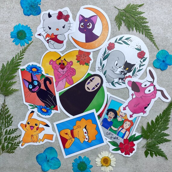 cartoon sticker pack vinyl stickers cute 10pcs 90 etsy