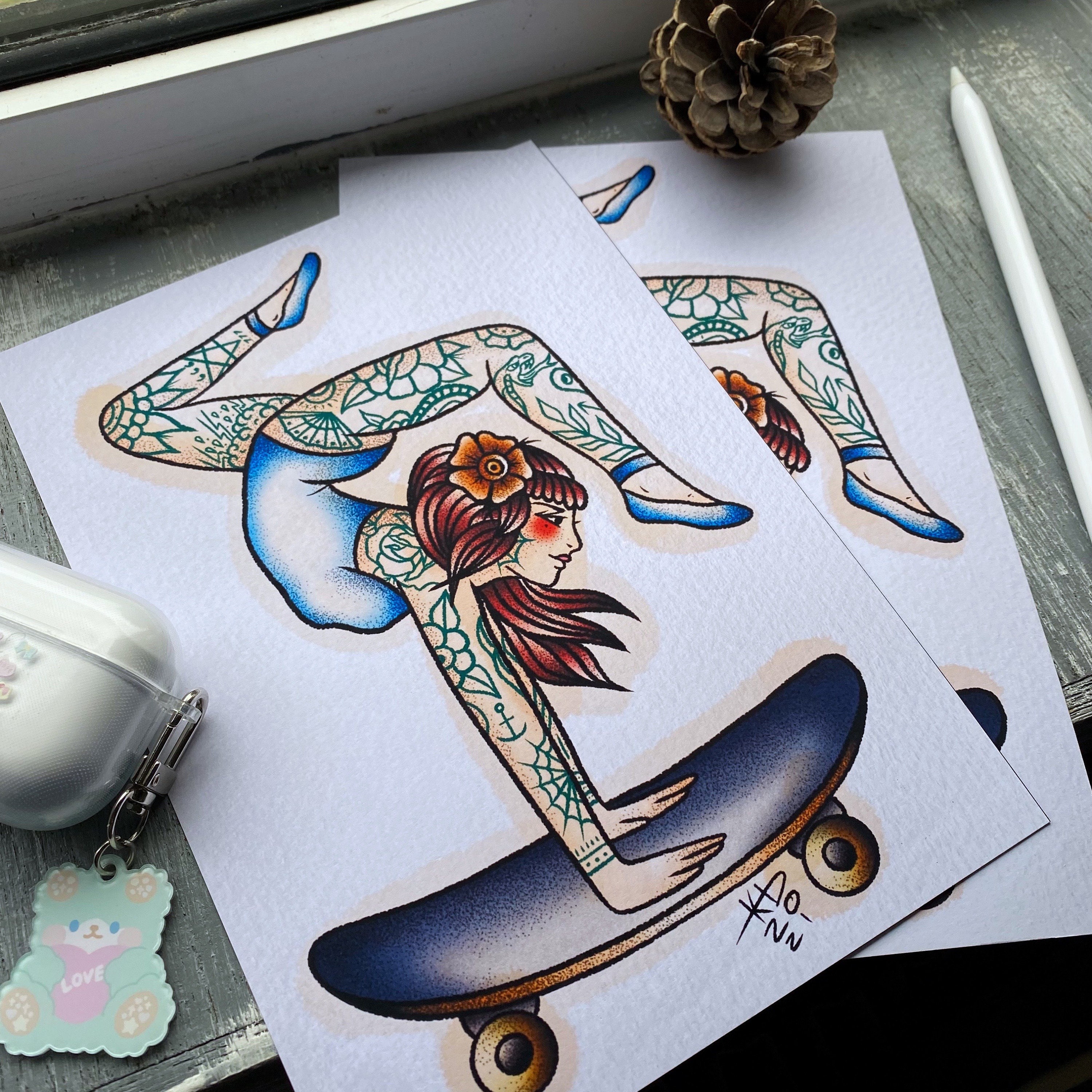 Skateboarding Girl Traditional Tattoo Flash Print Tattooed - Etsy UK