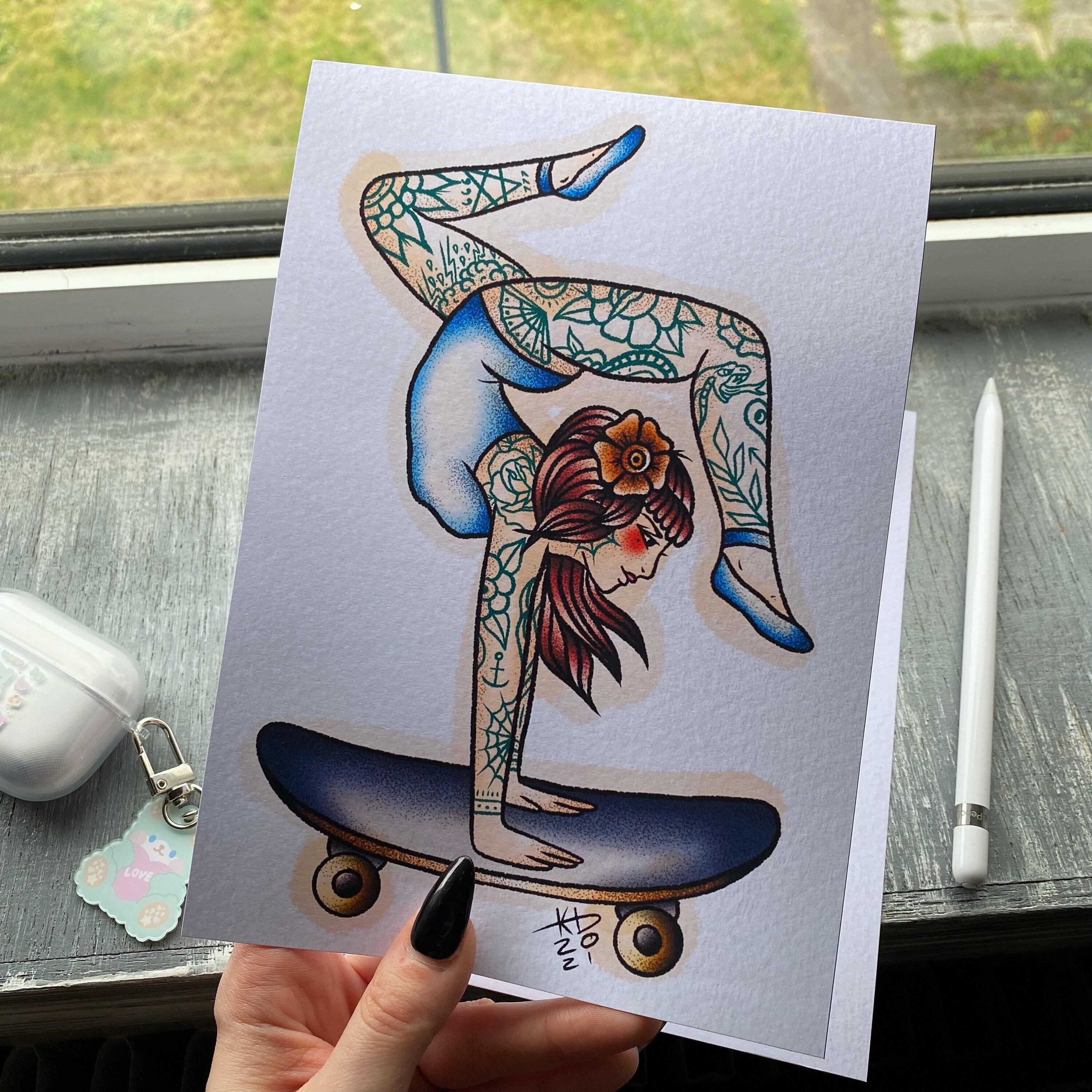 Skateboarding Girl Traditional Tattoo Flash Print Tattooed - Etsy UK