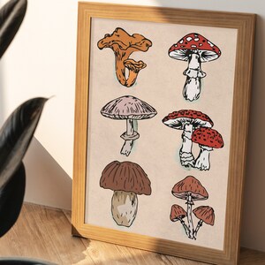 A4 Mushrooms Art Print Wall Art Vintage Illustration Tattoo Print Minimalist Fly Agaric Chanterelle Penny Bun