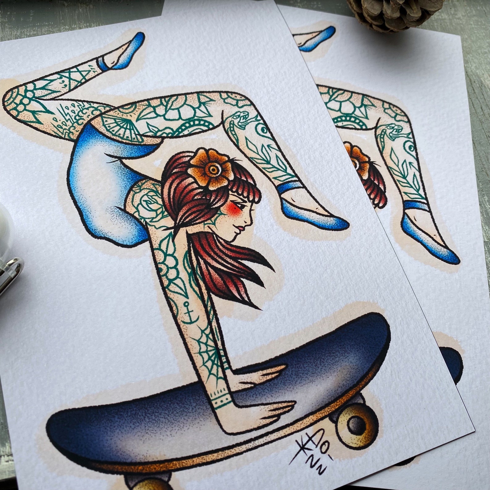 Skateboarding Girl Traditional Tattoo Flash Print Tattooed - Etsy UK