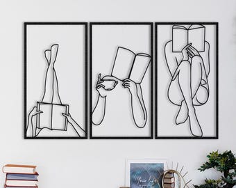 Arte de pared de metal de mujer estudiosa: Decoración minimalista de lectura de una sola línea