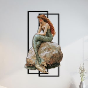 Décoration murale en métal colorée sirène, art mural nautique, décoration murale de chambre à coucher, cadeau de Noël, impression UV colorée, cadeau pour elle, panneau mural