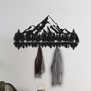Appendiabiti da parete in metallo con motivo montagna e foresta, ganci appendiabiti da parete con motivo natura, cartello da parete oversize, regalo di Natale, arte da parete in metallo, regalo