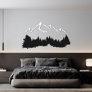 Decorazione da parete in metallo con vista sulle montagne, cartello da parete in metallo con foresta di pini, decorazione minimalista, regalo di inaugurazione della casa, arte murale di grandi dimensioni, regalo di Natale
