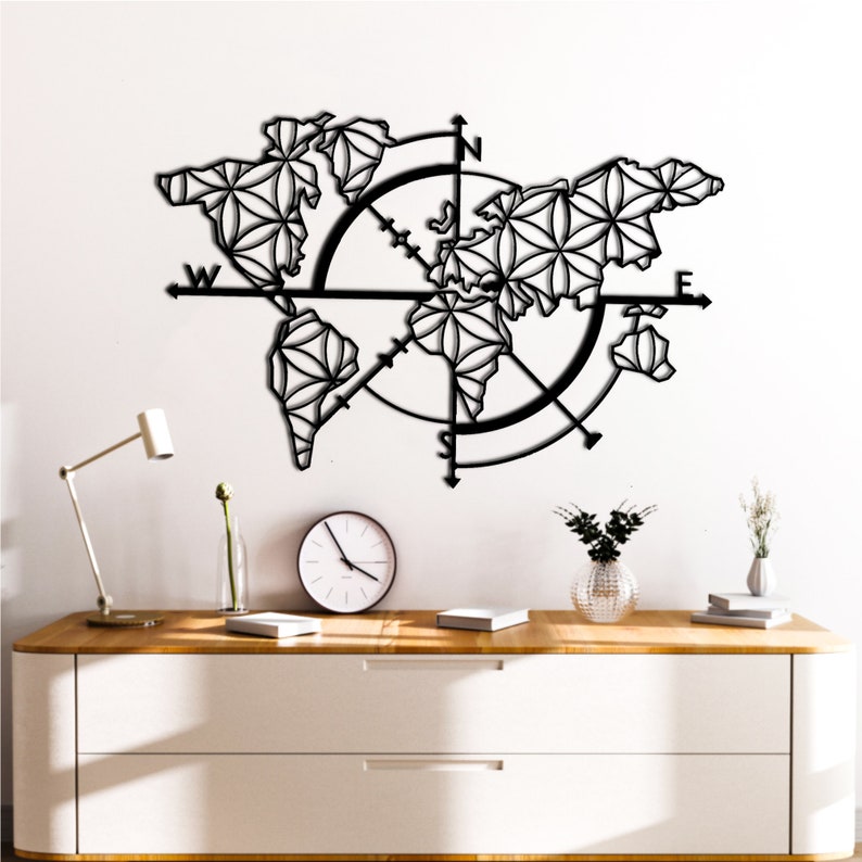 Metal World Map Compass Metal Wall Decor Art Work World Map Etsy