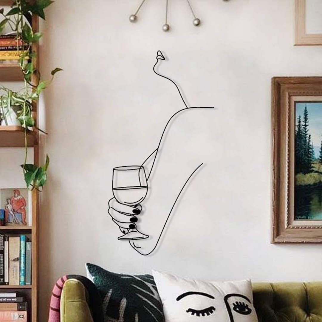 Wine Lover Lady Metal Wall Decor Minimalist Line Art Woman - Etsy UK