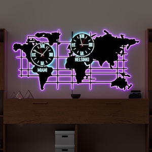 Gepersonaliseerde metalen led-wandklok wereldkaart, aangepaste plaatsnaam ledbord, cadeau voor kantoor, kerstcadeau, woonkamer wanddecoratie, moderne kunst