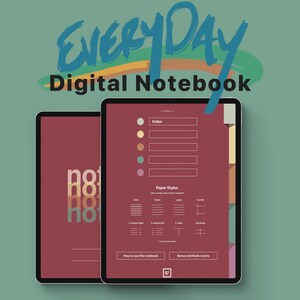 Może przedstawiać: Interfejs aplikacji cyfrowego notesu z czerwonym tłem. Aplikacja oferuje spersonalizowany indeks, style papieru i dodatkowe okładki notesu. Tekst "EVERYDAY Digital Notebook" jest wyświetlany u góry ekranu.