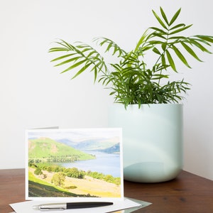 May include: A greeting card with a landscape scene of a lake and mountains, a black and silver pen, and a small potted plant with green leaves in a light blue pot. The items are on a dark wood surface.