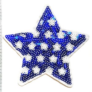 May include: A patriotic star-shaped sequin patch. The star is primarily blue with white floral-shaped sequins. The edges are outlined in white. The patch is approximately 3 inches in height.